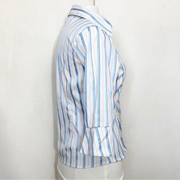 COTTON EXPRESS ruched chest button up slightly shiny stripe bell cuffs blouse L - Picture 4 of 7